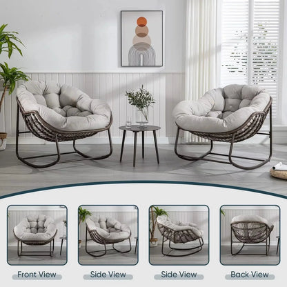 Outdoor Papasan Rocking Chair With Thick Cushion, Grey - 43.70in D x 37.20in W x 31.50in H