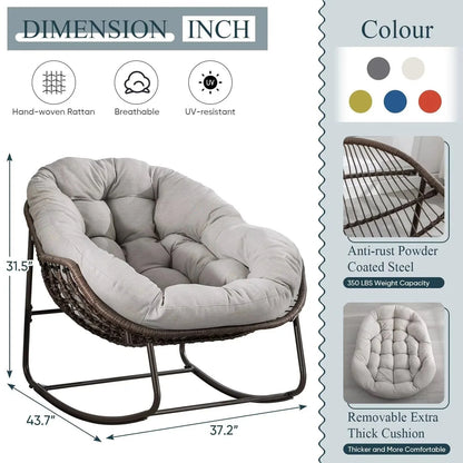 Outdoor Papasan Rocking Chair With Thick Cushion, Grey - 43.70in D x 37.20in W x 31.50in H