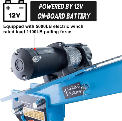 Pismire Folding Truck-Mounted Bed Crane Hoist, 1100 lb, 3500 lb 12V Electric Winch, Yellow Painted Steel - 3500lb