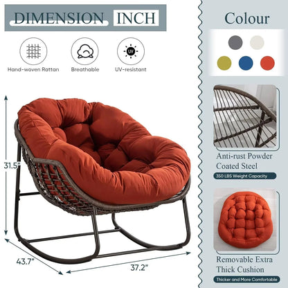 Outdoor Papasan Rocking Chair With Thick Cushion, Grey - 43.70in D x 37.20in W x 31.50in H