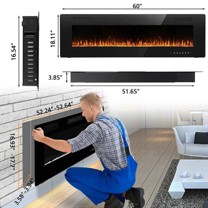 Ultra-Thin Linear Electric Fireplace, 30-72 Inch, Wall Mounted/Recessed