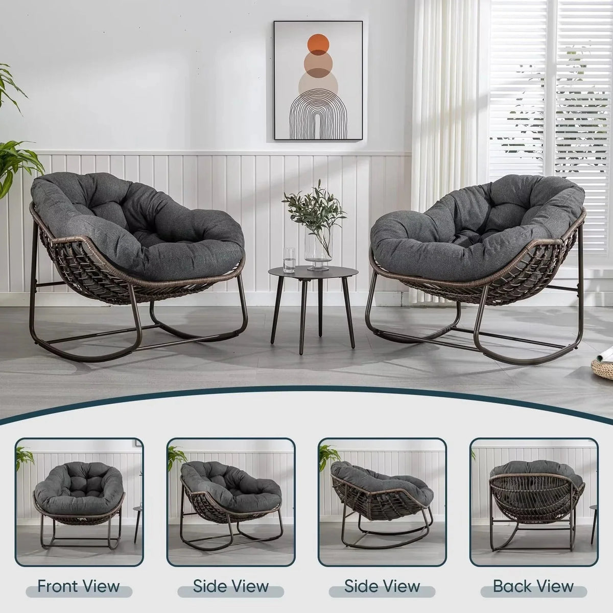 Outdoor Papasan Rocking Chair With Thick Cushion, Grey - 43.70in D x 37.20in W x 31.50in H