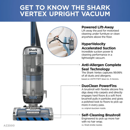 Shark Vertex DuoClean PowerFin Upright Vacuum With Powered Lift-Away And Self-Cleaning Brushroll - AZ2000