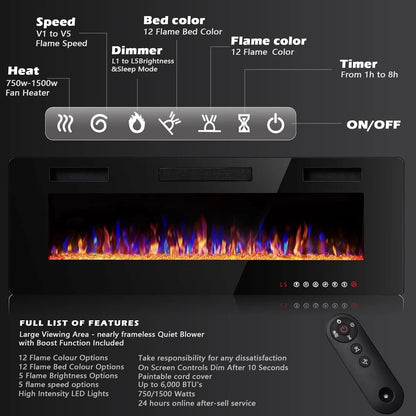 Ultra-Thin Linear Electric Fireplace, 30-72 Inch, Wall Mounted/Recessed