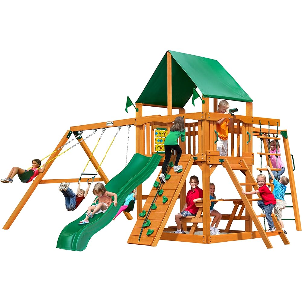 Gorilla Playsets Wooden Backyard Swing Set With Wave Slide And Green Vinyl Canopy