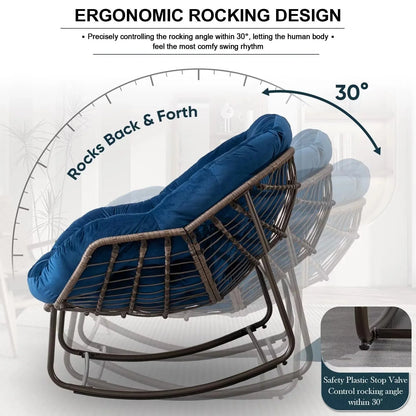 Outdoor Papasan Rocking Chair With Thick Cushion, Grey - 43.70in D x 37.20in W x 31.50in H