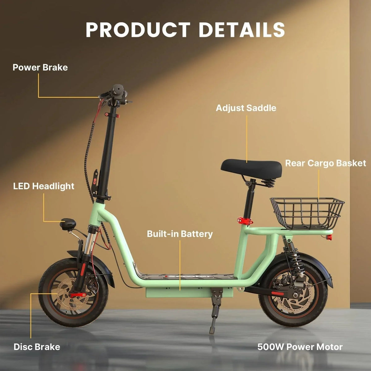 iScooter Electric Scooter With Seat, 500W, 21 Miles, 15.6 mph - i12