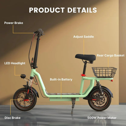iScooter Electric Scooter With Seat, 500W, 21 Miles, 15.6 mph - i12