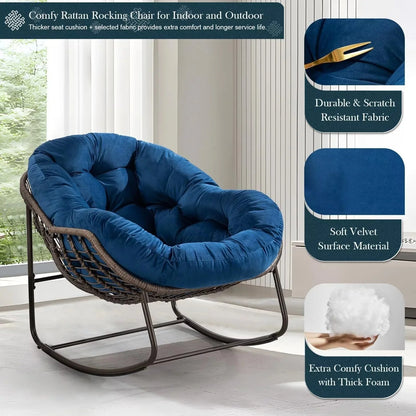 Outdoor Papasan Rocking Chair With Thick Cushion, Grey - 43.70in D x 37.20in W x 31.50in H