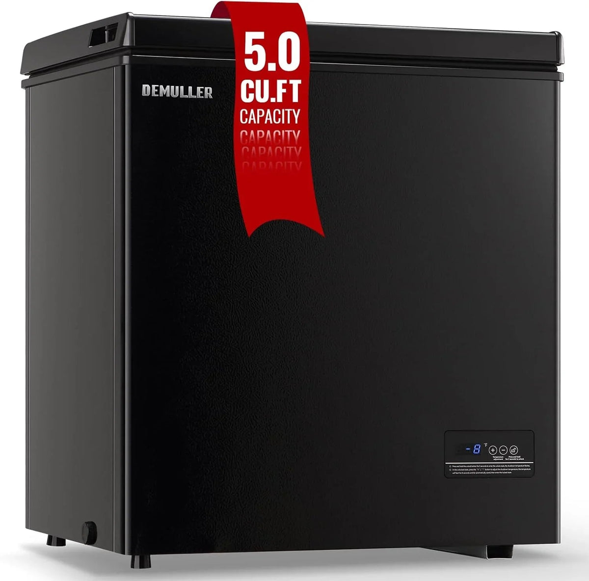 DEMULLER Chest Freezer 5.0 Cubic Feet, Black, 2 Stainless Steel Storage Baskets