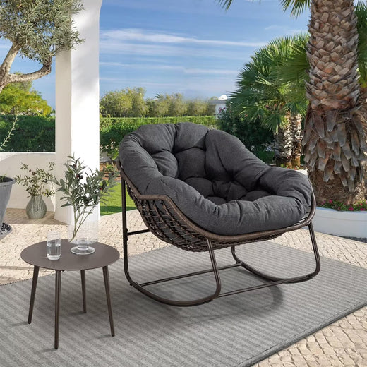 Outdoor Papasan Rocking Chair With Thick Cushion, Grey - 43.70in D x 37.20in W x 31.50in H