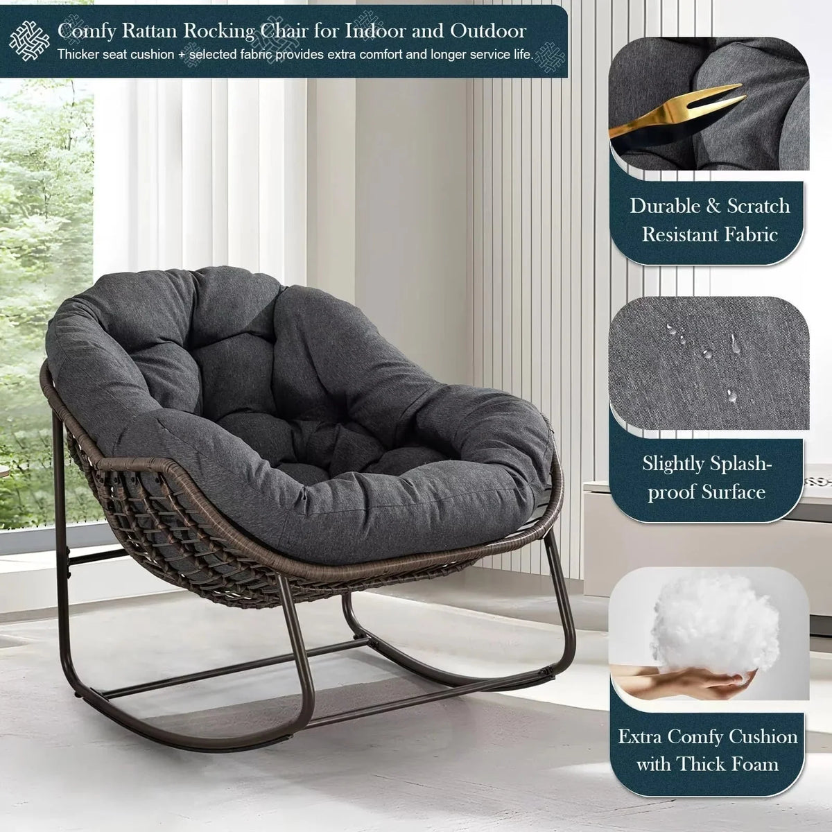 Outdoor Papasan Rocking Chair With Thick Cushion, Grey - 43.70in D x 37.20in W x 31.50in H