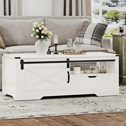 Farmhouse Coffee Table With Storage And Sliding Barn Door, 48 in, White
