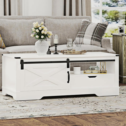 Farmhouse Coffee Table With Storage And Sliding Barn Door, 48 in, White